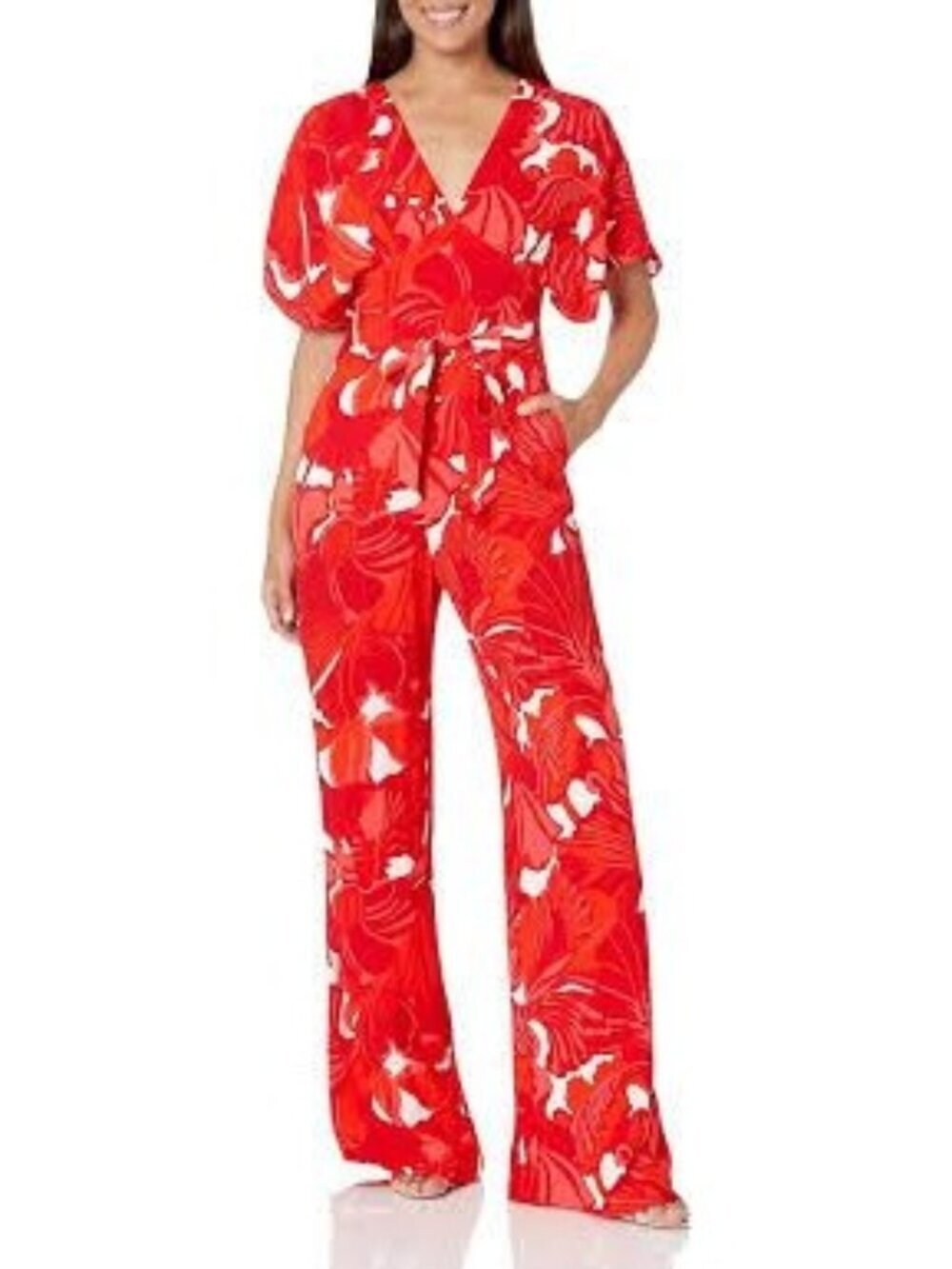 Trina Turk Womens Formation V-Neck Tie Waist Jumpsuit Size 2 Red Wide-leg Casual